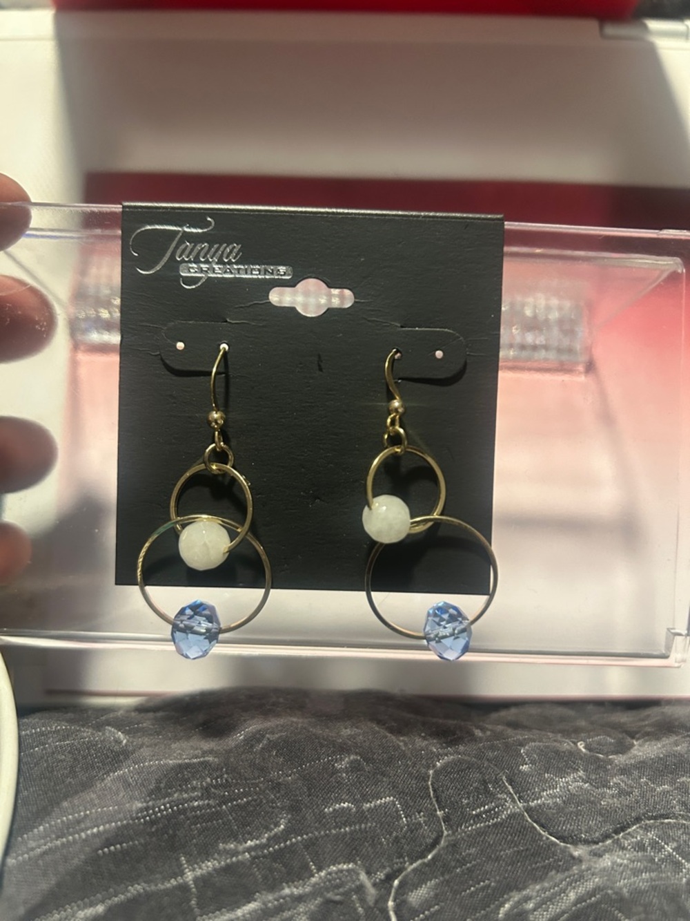 Gold-Tone Double Hoop Earrings with White Bead and Light Blue Crystal